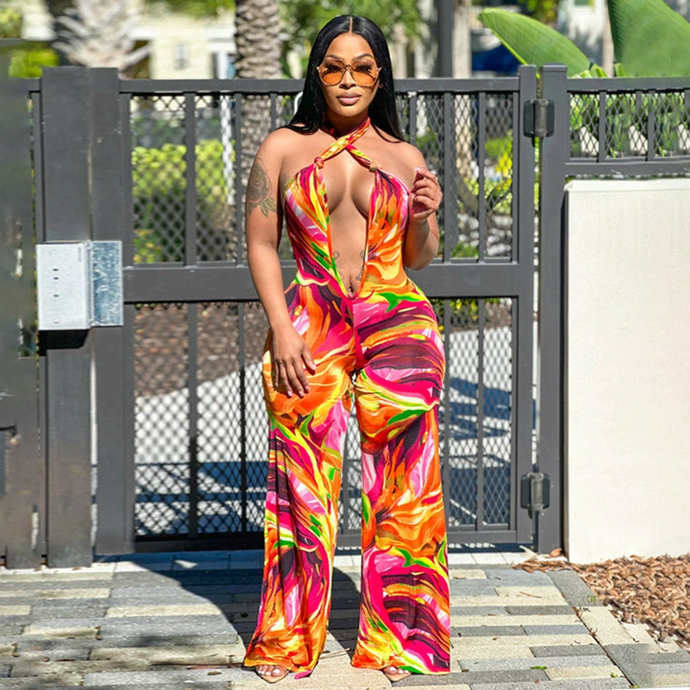 ZARA New Fashion Printed Halter Backless Crop Top Jumpsuit